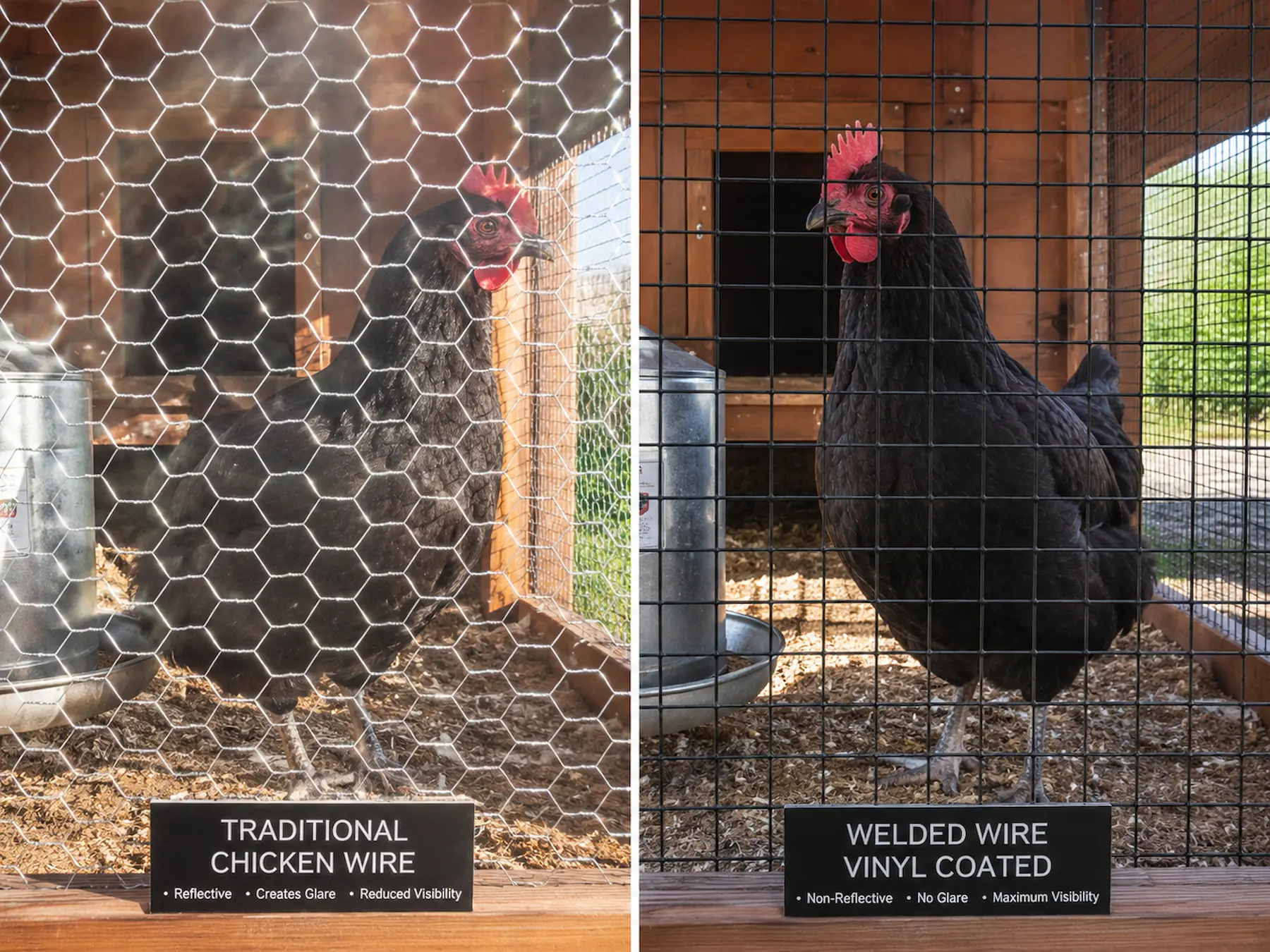 Side-by-side comparison of silver chicken wire and black vinyl coated welded mesh