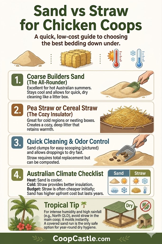 Sand vs Straw for Chicken Coops Australia comparison infographic