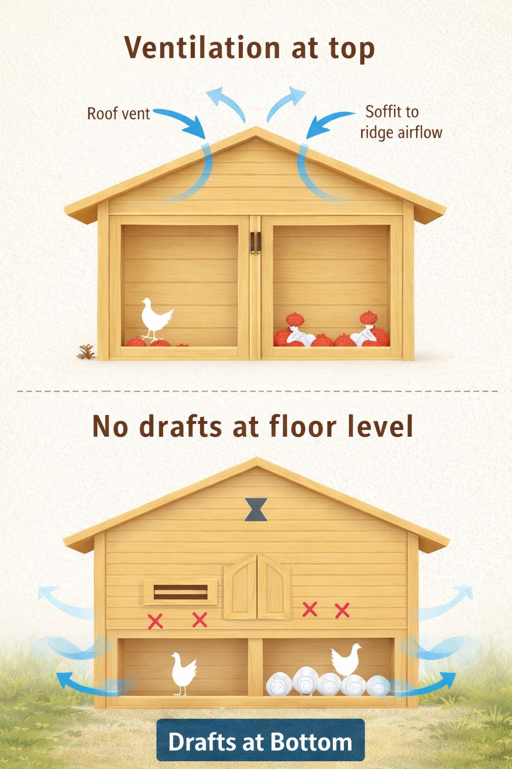 Diagram showing ventilation at top and drafts at bottom of a chicken coop